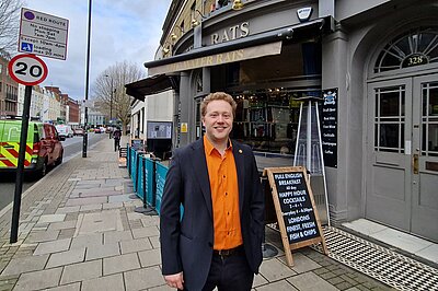 Charlie clinton, holborn and st pancras parliamentary candidate, outside the Waterats venue