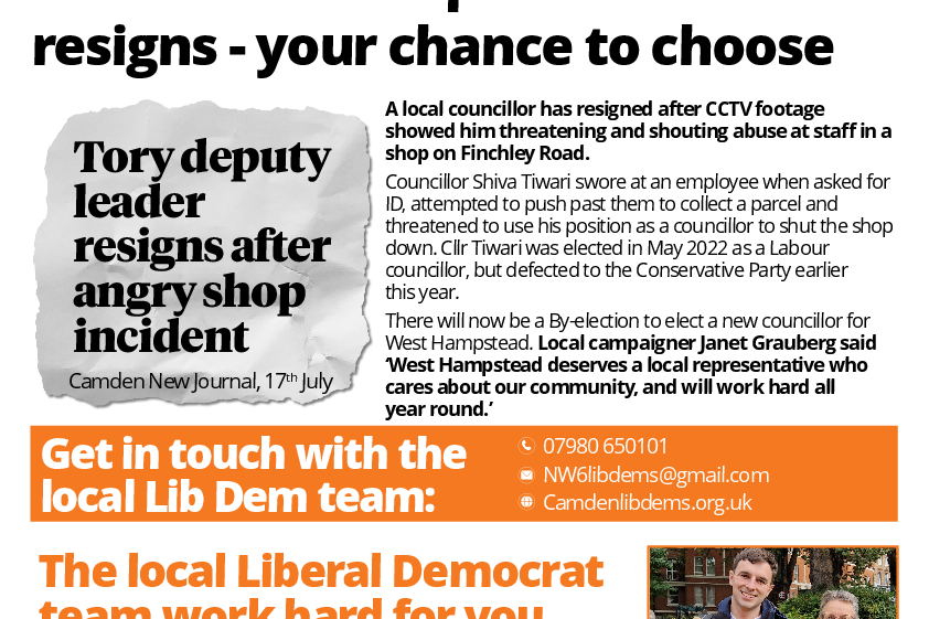 Local West Hampstead councillor  resigns - your chance to choose.