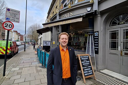 Charlie clinton, holborn and st pancras parliamentary candidate, outside the Waterats venue