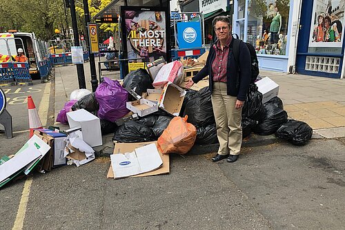 Councillor Janet Grauberg with rubbish on West End Lane
