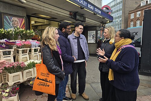 London Assembly Member Hina Bokhari at Finchley Road Tube Station with the South Hampstead Lib Dem Team