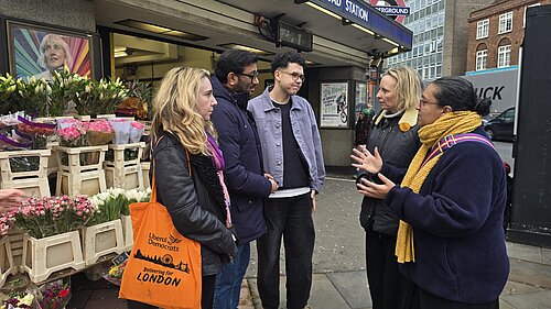 London Assembly Member Hina Bokhari at Finchley Road Tube Station with the South Hampstead Lib Dem Team